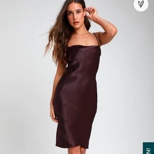 Lulus Brazen Babe Dark Purple Satin Cowl Neck Midi Slip Dress